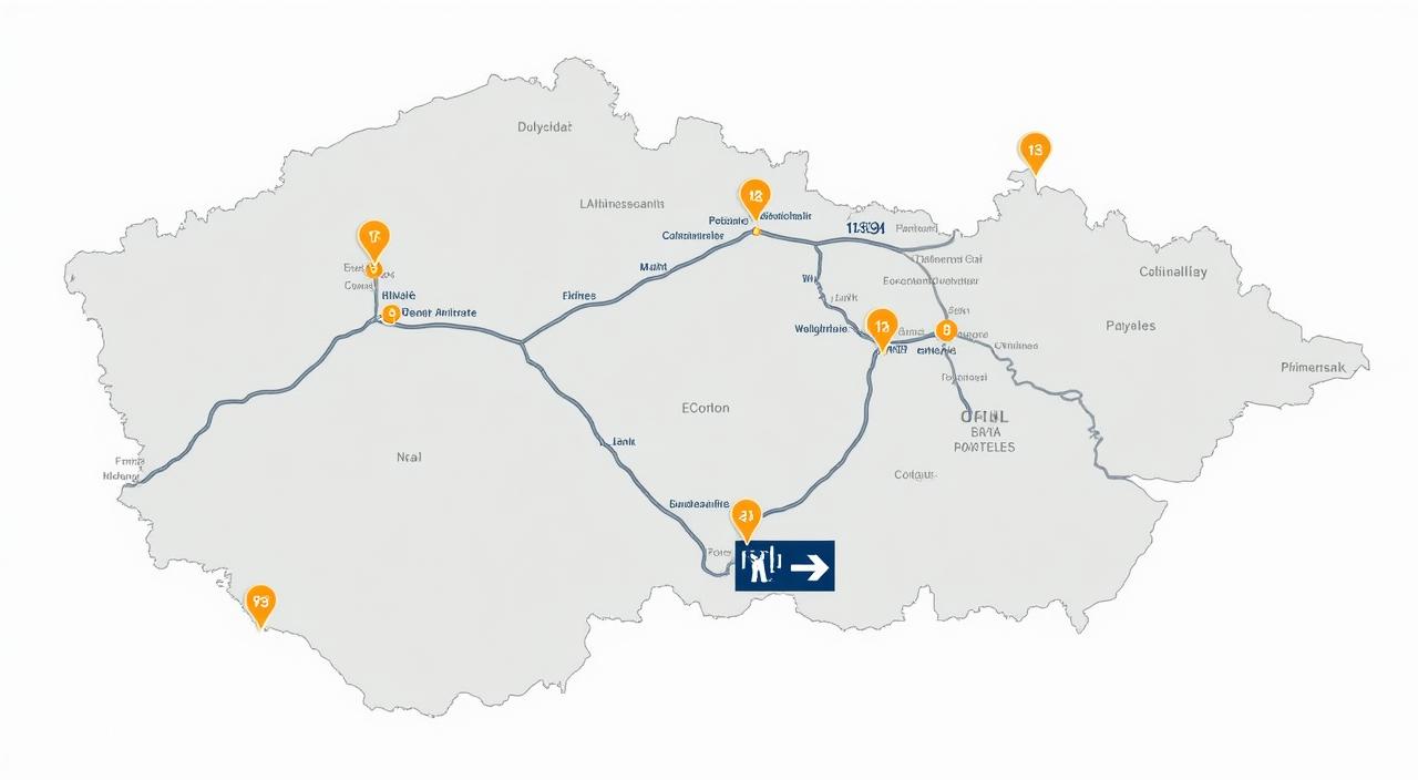 Mapa České republiky se zvýrazněnými dálnicemi a prodejními místy
